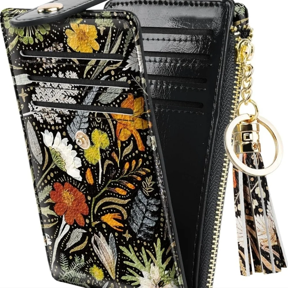 Floral Black Wallet with Tassel Keychain